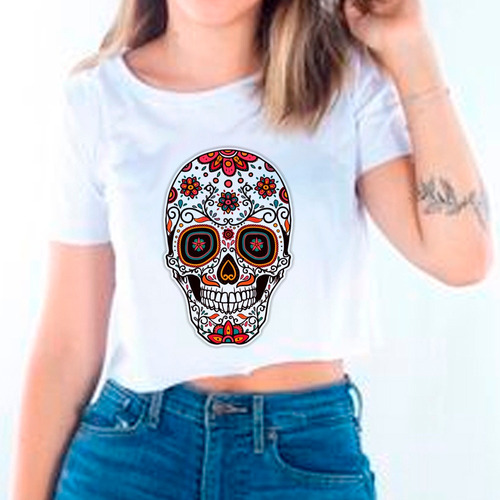 Camiseta Cropped Caveira Branca Mexicano Flores