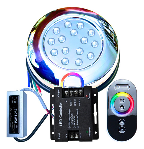 Kit 01 Refletor Led Ip68 Rgb 15w + Controle + Fonte Blindada