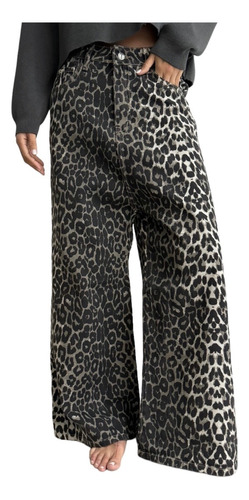 Pantalon Ancho Wide Leg Animal Print Rigido Moda Mujer Denim