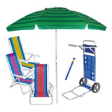 Kit Praia Cadeira Alum 8 Pos Guarda Sol 2,4m Carrinho Avanço