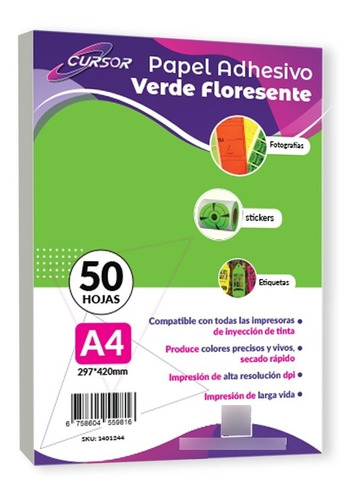 Papel Adhesivo Verde Fluorescente Flour A4  Pack 50 Cursor