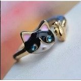 Anillo Ajustable Forma Gato Esmaltado Ojos De Cristal