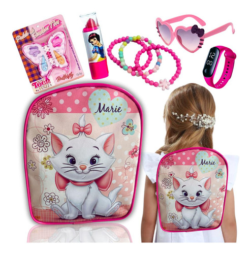 Mochila Marie Kit Maquiagem Infantil Óculos Relógio Digital 