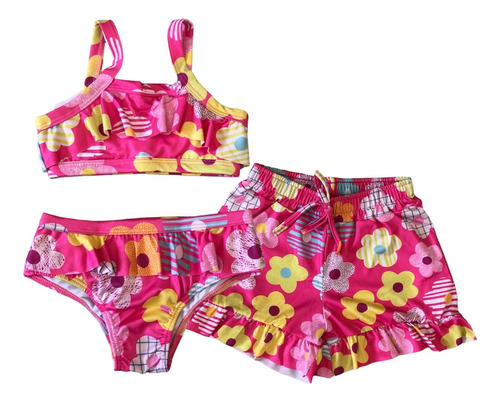 Trio Biquini Infantil+ Shorts Proteção Solar Uv Moda Praia