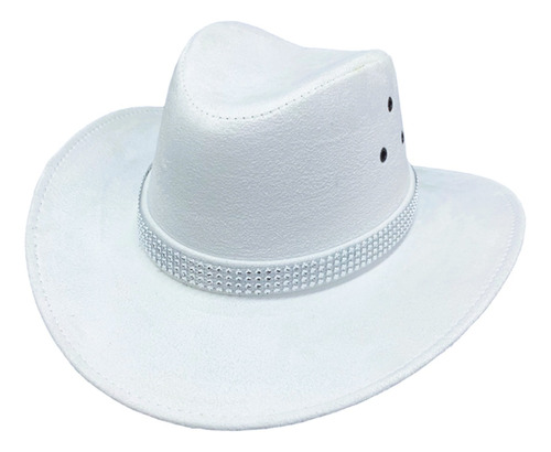 Chapéu Cowboy Feminino Boiadeira Camurça Branco Faixa Brilho