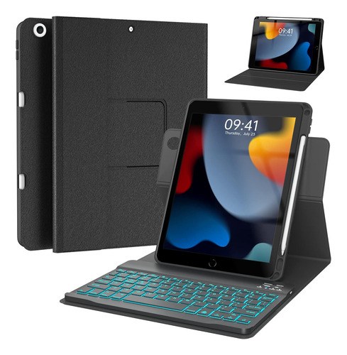 Funda Con Teclado Negra Backlit Para iPad De 9./8/7 Gen 10.2