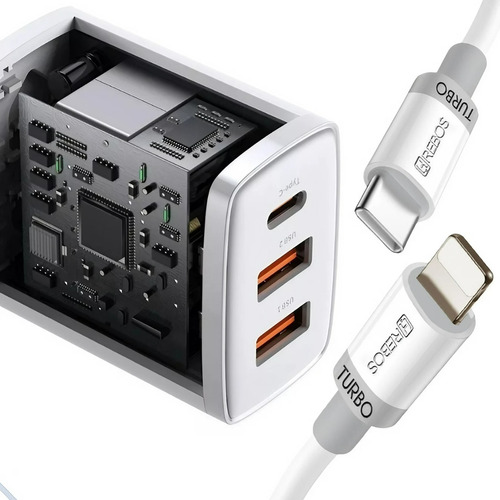 Carregador Fonte P/iPhone Triplo Usb C 56w Cabo Lightning