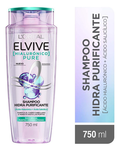Shampoo L'oréal Paris Elvive Hialuronico Pure 750 Ml Con Ácido Hialurónico Y Salicílico Para Cabellos Grasos Con Raiz Deshidratada