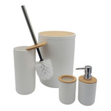 Kit De Banheiro Lixeira Bambu Branco Preto Moderno 4 Peças