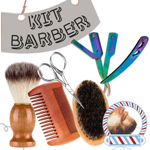 Kit 5p Cuidado De Barba Cepillo Bambú Tijera Navaja Brocha