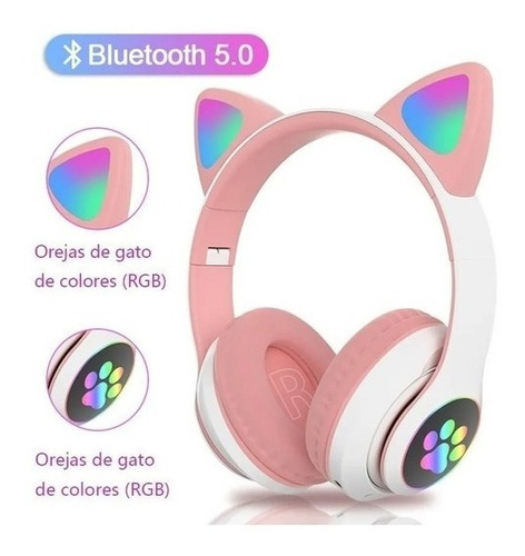 Audífonos Diadema Bluetooth Hifi Orejas De Gato Luz Led