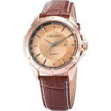 Orkina Luxury Gold Tone Round Dial Fecha Banda De Cuero