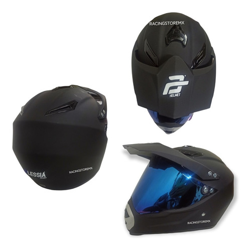 Casco Moto Tipo Crosss Negro Mate Mica Tornasol Azul M 