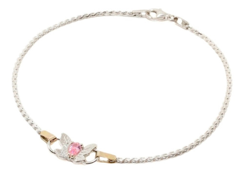 Pulsera De Plata Maciza Con Centro Mariposa Con Piedra Rosa