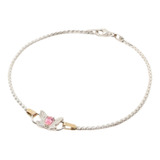 Pulsera De Plata Maciza Con Centro Mariposa Con Piedra Rosa