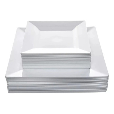 50 Platos Desechables Cuadrados Elegantes, Rose Impact Plástico, Fiesta Color Blanco Resistentes Calidad Premium Incluye 25 Platos Grandes De 24 Cm Y 25 Platos Chicos De 16 Cm