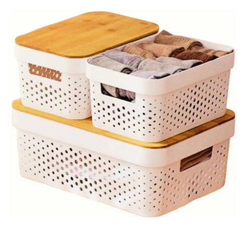 Set 3 Cajas Canastos Tapa Bambu Organizador Baño Nordico