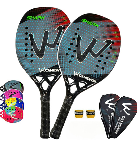 Kit 2 Raquetes Beach Tennis Full Carbon 3k Camewin Top Shark