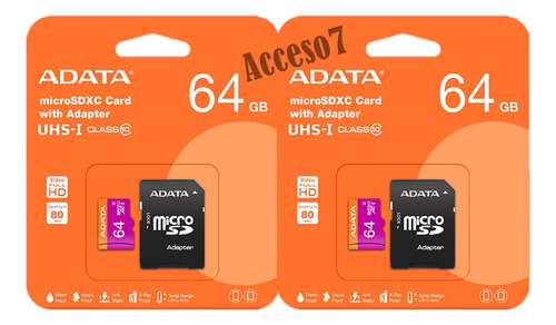 Memoria Micro Sd Xc 64gb Adata Uhs-i Clase 10 Full Hd A1 V10 U1 Microsd Sdxc 50mb/s Con Adaptador A Sd Envio Gratis