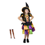 Disfraz Vestido Brujita De Halloween Con Sombrero Y Medias Para Niña