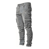 Jeans Flexibles De Bolsillo Múltiple De Moda Masculina