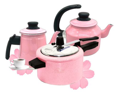 Kit Bule E Chaleira Rosa + Panela De Pressão Rosa 2.5 L