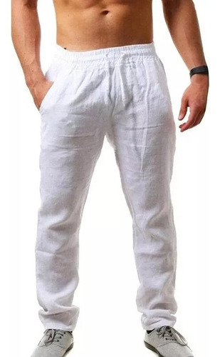 Pantalone Playa Casuale Recto Ancho Lino Algodón Para Hombre