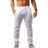 Pantalone Playa Casuale Recto Ancho Lino Algodón Para Hombre