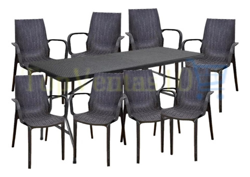 Mesa Rect. Plegable Valija Rattan Negra+8 Silla Rattan Apoy 