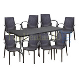 Mesa Rect. Plegable Valija Rattan Negra+8 Silla Rattan Apoy 