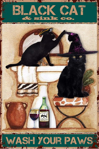 Decoración De Baño Cartel De Chapa Gato Negro Con Som...