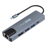 Hub Adaptador Usb Tipo C 5 En 1 Linkon Rj45 Para Mac Windows