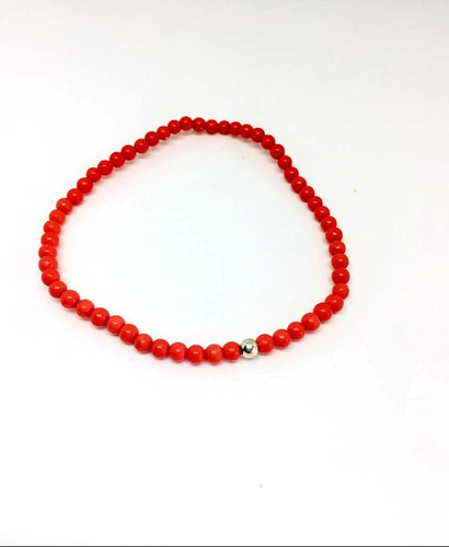 Pulsera Piedras Coral Natural Y Plata 925 Elastizada