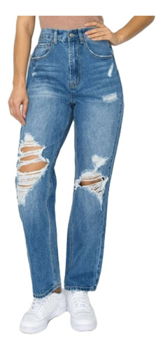 Jeans Dama Importado Recto, Roto Corte Alto Mom Jeans 90271
