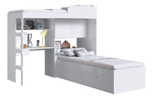 Quarto Juvenil Com Cama Alta Lion E Cama Tókio Branco