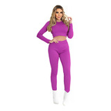 Conjunto Feminino Canelado Elastano Croppd Manga Longa Calça