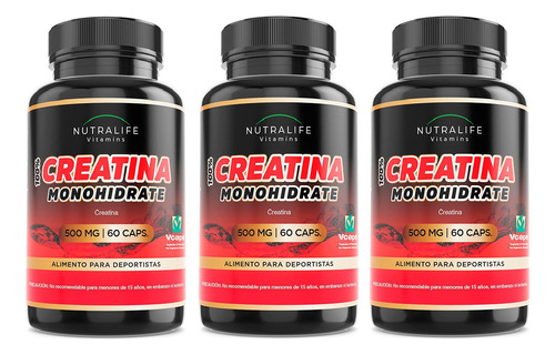 Creatina Pura Lf 3 Frascos 180 Capsulas 3x60. Fitness