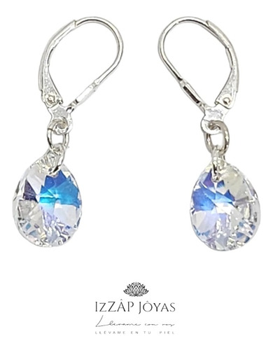 Aros Brisuras + Cristales Swarovski Gota 12 Mm Plata 925