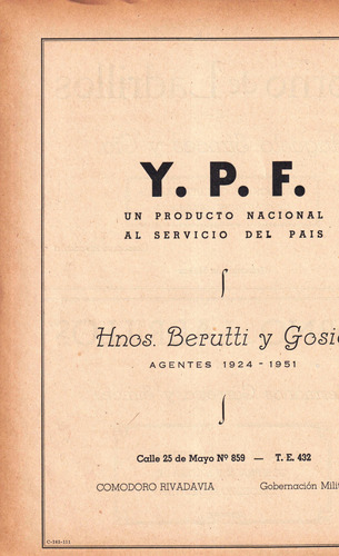 Publicidad Ypf Comodoro Rivadavia 1950