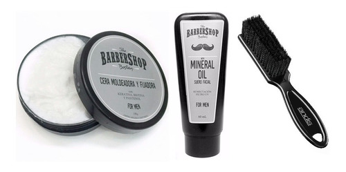 Kit Cera Barbershop + Aceite Mineral Barba + Cepillo Doble 