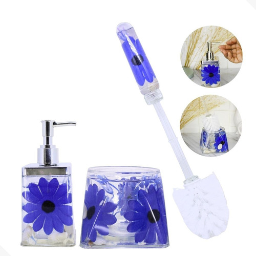Escova Sanitária + Porta Sabonete Liquido Floral Em Acrílico