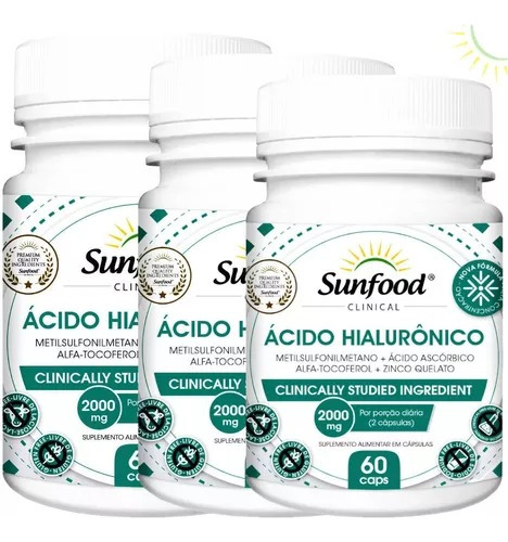 Acido Hialurônico 60 Cáps 2000mg Sunfood Kit 3 Potes