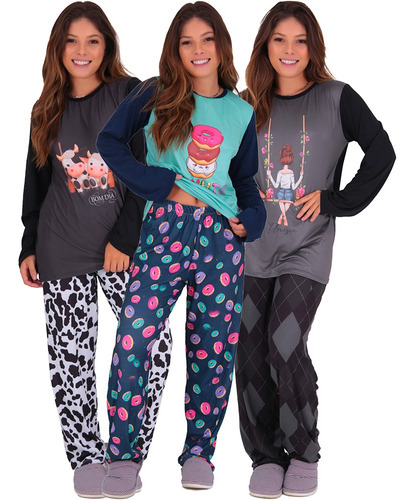 Kit 3 Pijamas Feminino Manga Longa Inverno Felpado Layla 