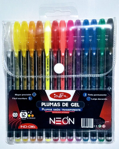 Indra. Bolígrafos De Gel 12 Colores Con Glitter + 2 Neon.