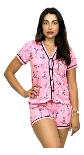  Pijama Short Doll Feminino Americano Botões Aberto Curto