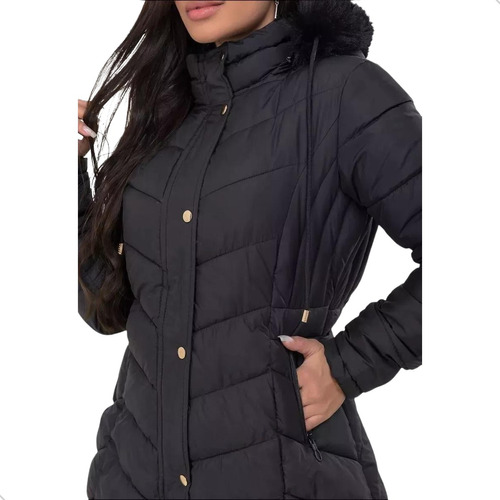 Jaqueta Nylon Inverno Preta Feminina Alongada Forrada Puffer