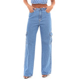 Calça Jeans Feminina Wide Leg Com Bolso Cargo Média 22186