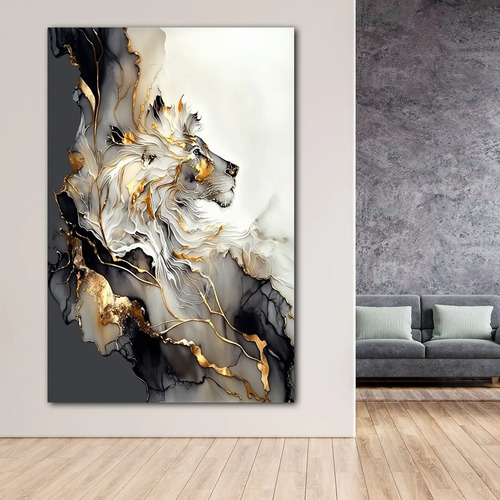 Cuadro Leon Rey Dorado Canvas Sala Elegante 120x70 Animal 43