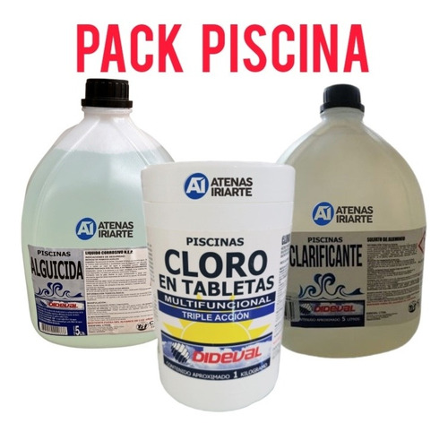 Pack Clarificador 5l, Alguicida 5l, Cloro Triple Acción 1kg