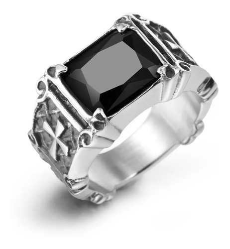 Anillo Cruz Gótico Titanio A255 Piedra Negra Roja Preciosa